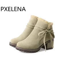 PXELENA/с милым бантом для девочек Теплые зимние ботинки Для женщин массивном высоком каблуке Ботильоны «челси» обувь для колледжа плюс Размеры