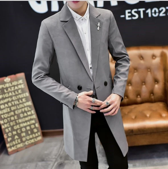 男性のダブルブレストスリムフィットフォーマルカジュアルジャケットのための媒体ロングトレンチコートメンズ黒ブルーグレーグリーンスーツジャケット男性 ブレザー Aliexpress