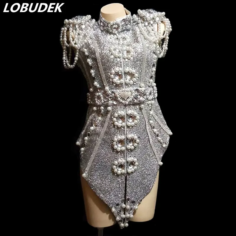

Female Pearls Rhinestones Dress Silver Beading Crystals Costume Nightclub DJ Singer Jazz Performance Clothes Sexy Stage Outfits