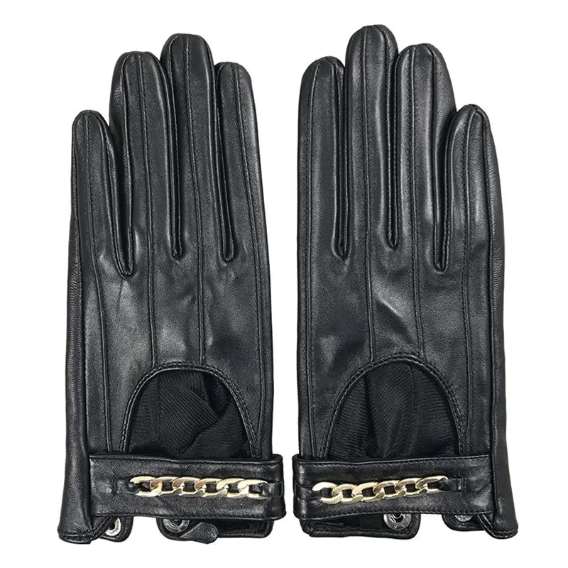 Leather Gloves Ms. Short Style Keep Warm Autumn Winter Driving Thin Silky Lined Metal Chain Woman's Sheepskin Gloves NJR6322