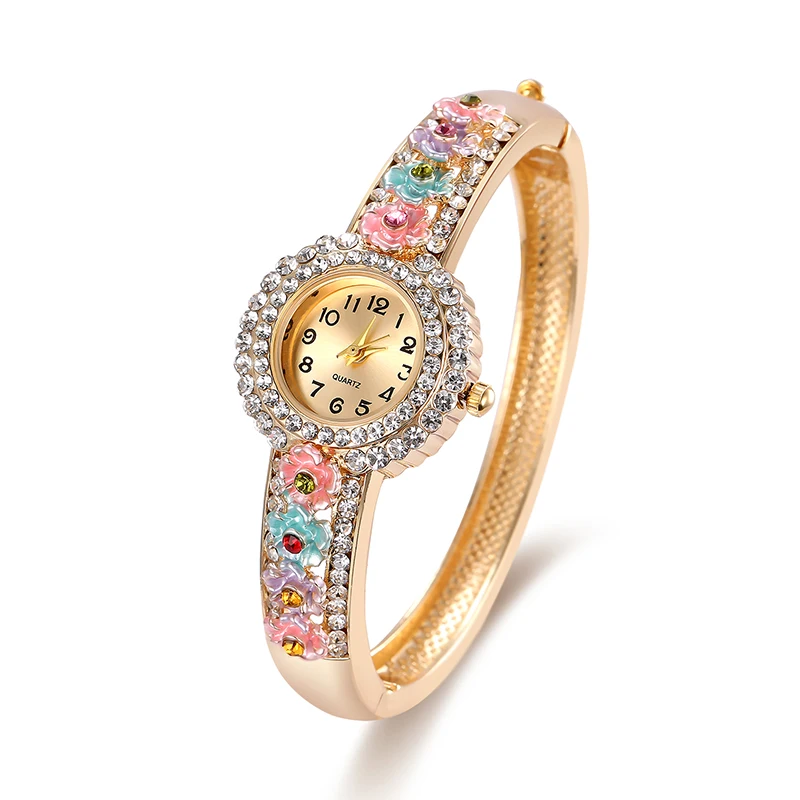 

Cindiry Luxury Women Watch Colorful Crystal Rhinestone Bangle Wristwatches Bracelet Watch Flowers Shape Jewelry P0
