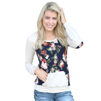 

#4 Women's Fashion Womens Floral Printing Pocket Long Sleeve Loose Pullover Blouse Tops