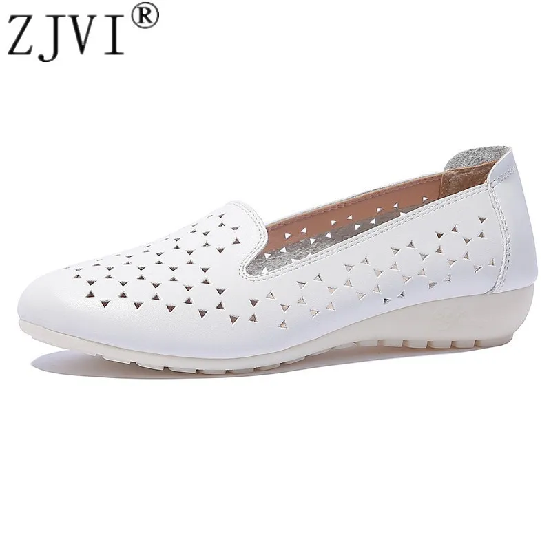 

ZJVI women 2018 summer cow leather casual loafers womens fashion black flats ladies cut outs woman sexy flat shoes plus size 4