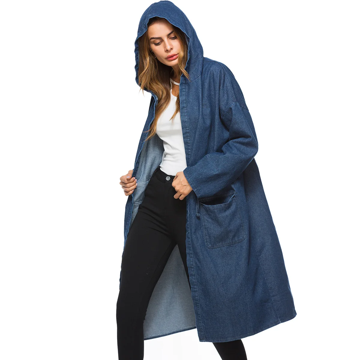 2018 New Hooded Denim Trench Coat for Women Plus Size Casual Female Long Trench Blue long sleeve Loose Outerwear 2 Colors