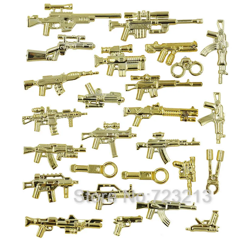 

About 25pcs/lot Chrome Golden Weapon Gun Military Set Parts Accessories SWAT MOC Model Building Blocks Brick Toys For Children