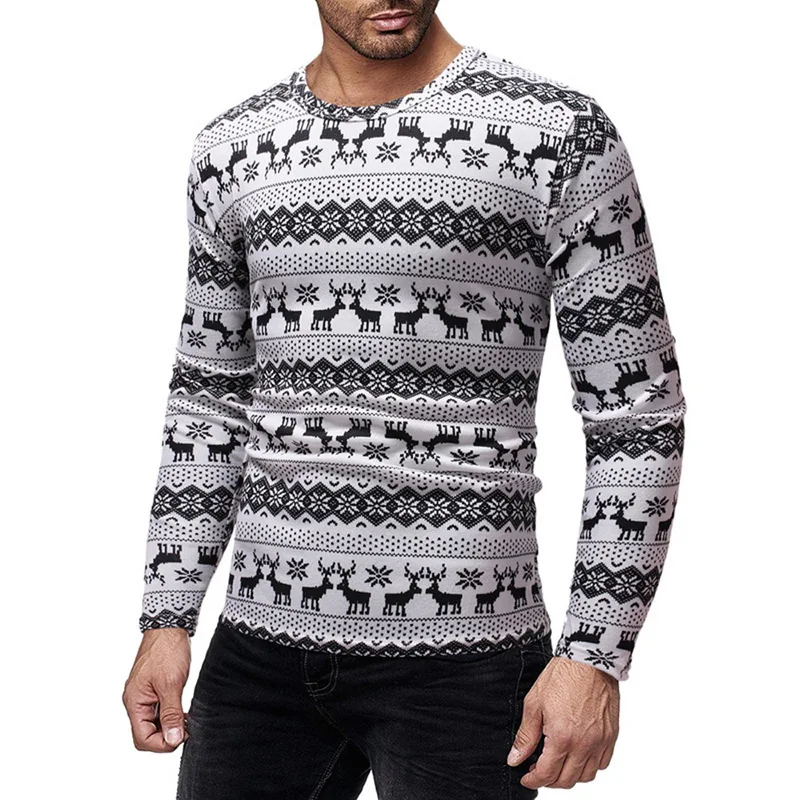 

MJARTORIA Christmas Print Sweater Fashion O Neck Long Sleeveweater Autumn Winter Mens Deer Pattern Slim Fit Knitted Sweaters