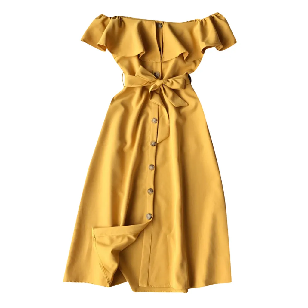 

Women's Dress Summer Casual Off Shoulder Button Sashes Sundress Ladies Party Swing Elegant Comfortable Dresses #BL2