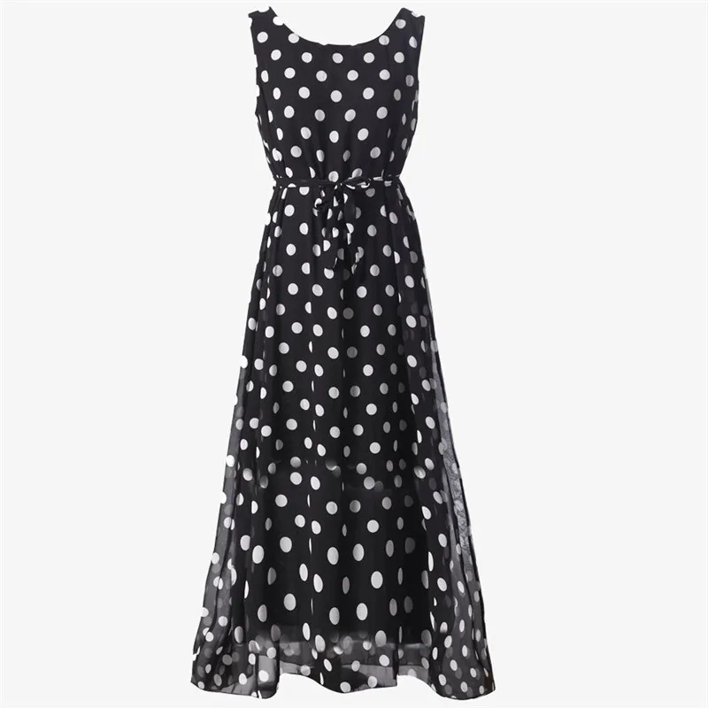 

NORMOV Summer Casual Long Dress Women Sexy Sleeveless Big Swing Lace-up Elegant Dress Dot Chiffon Plus Size Maxi Dresses Women