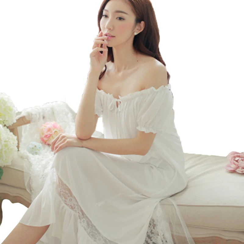 Hot Sale Womens Long White Pink Nightgown Short Sleeve Lounge Summer Nightdress Elegant Vintage Loose Sleepwear Nightwear Gown