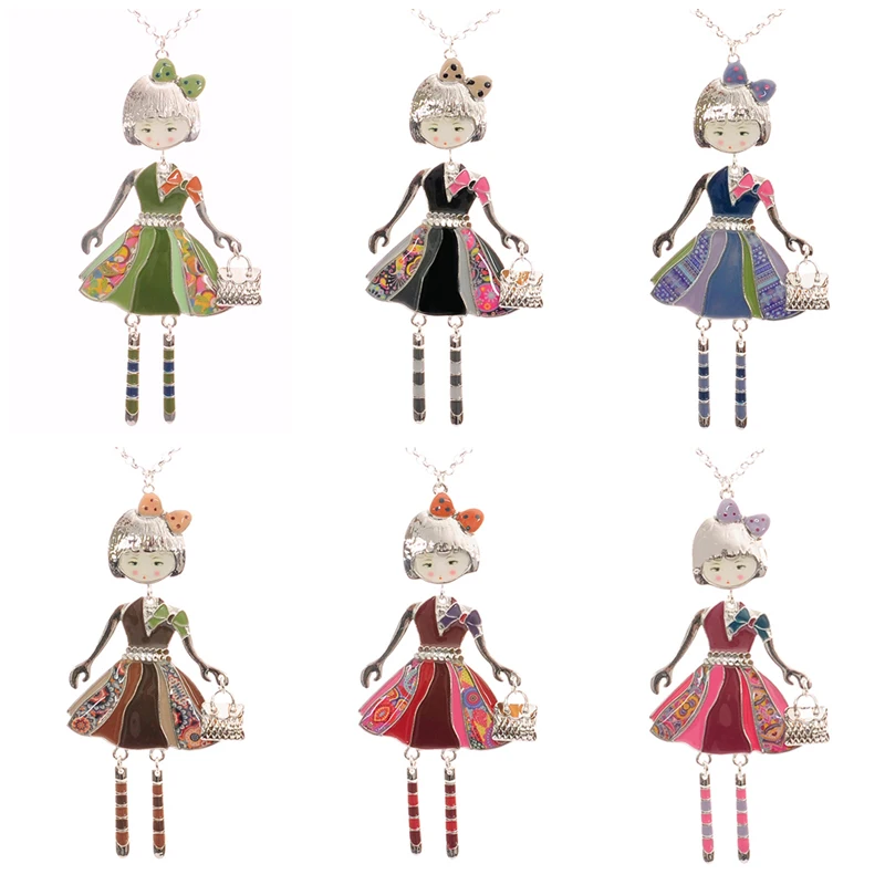 

1pc antique silver Drop glaze Enamel beautiful dress handbag cute little girl doll pendant long chain necklace for women