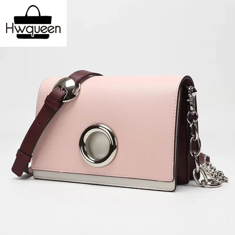 

Korean Style Color-mixing Genuine Leather Lady Pink Purse Bold Chain Strap Women Single Cross Shoulder Bag Female Messenger Bag