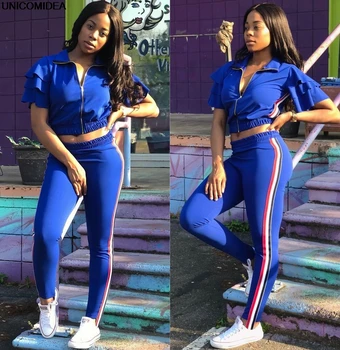 

Ruffles Women Sets Two Piece Crop Tops Zipper and Pencil Pants Striped Suits 2pcs Set Autumn Casual Tracksuits Outfit Streetwear