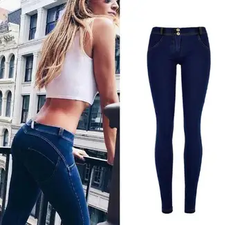 

Elastic Fitness Slim Pants Women Sport Trouser Low Waist Denim Pants Sports Wear For Women Dark Blue Stretch Skinny Trouser D146