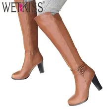 WETKISS/женские ботинки на высоком каблуке осенние ботинки модная короткая плюшевая обувь до колена на молнии с круглым носком Большие размеры 34-43