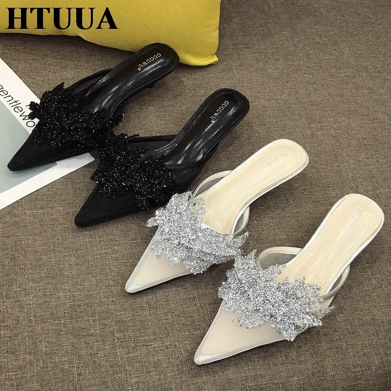 HTUUA/Коллекция года; сезон весна-лето; туфли без задника с острым носком, расшитые блестками; женские шлепанцы на маленьком каблуке; женская обувь; элегантные босоножки; SX2887