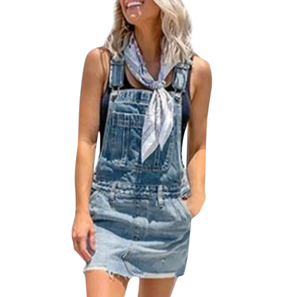 

2019 Plus Size Summer Jeans Dress Women Washed Sleeveless Suspender Denim Dress Sundress Denim Mini Dress Female #Zer