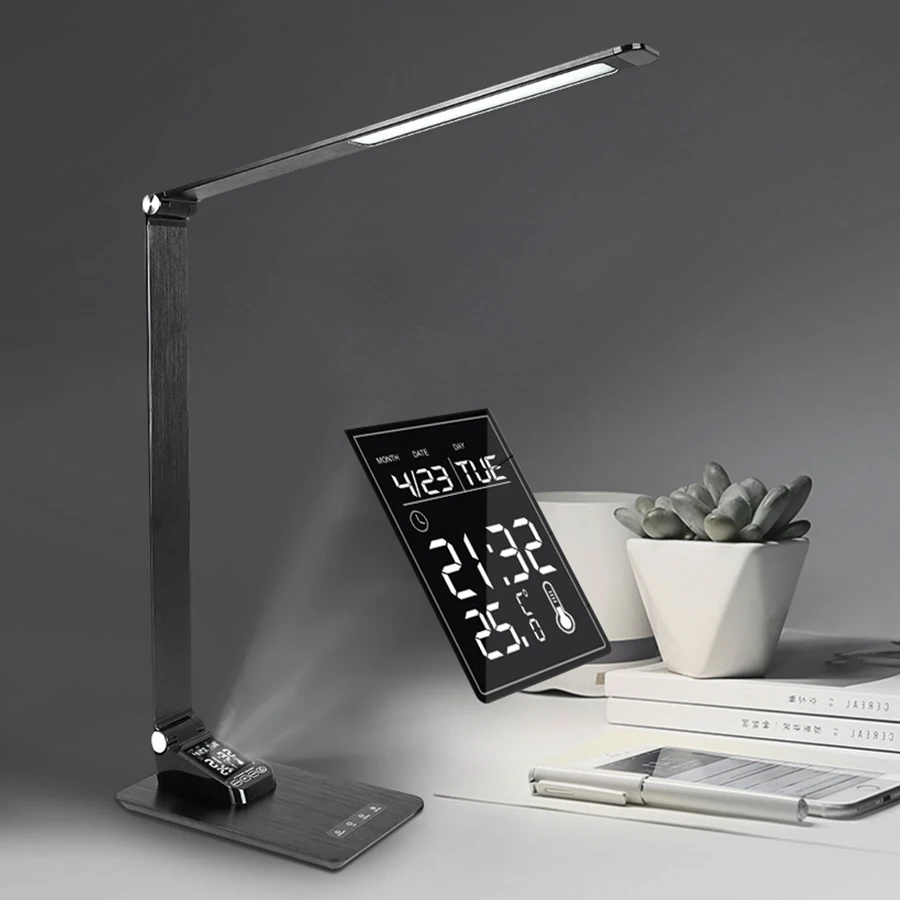  LED Desk Lamp Foldable Dimmable Touch Table Lamp with Calendar Time Alarm Clock Reading Table Light - 32984771257
