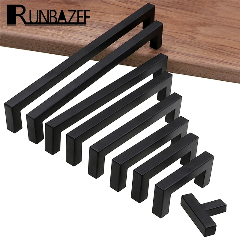 RUNBAZEF الحديثة أسود مقبض كابينة مربع أثاث الفولاذ المقاوم للصدأ المطبخ مقابض باب خزانة خزانة درج التأثيرات RUNBAZEF الحديثة أسود مقبض كابينة مربع أثاث الفولاذ المقاوم للصدأ المطبخ مقابض باب خزانة خزانة درج التأثيرات