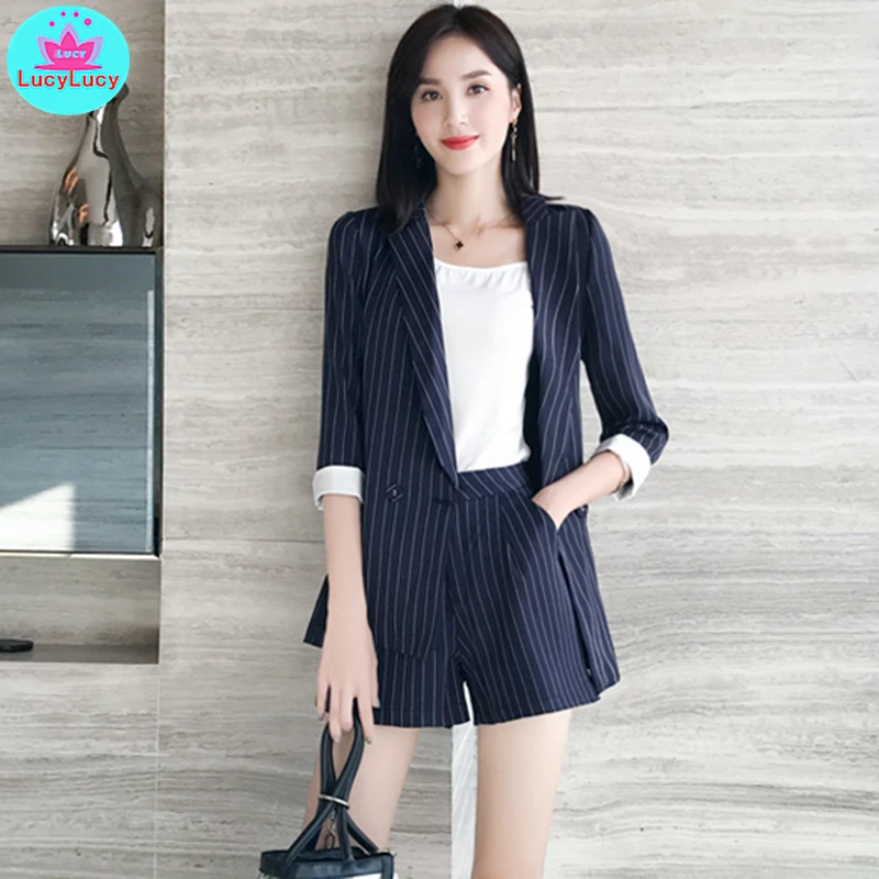 2019 summer striped thin section seven-point sleeve cuff stitching contrast suit + shorts casual two-piece suit