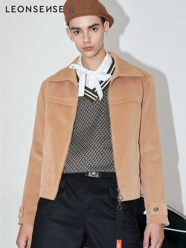 

LEONSENSE 2018 New Men Winter Jacket Coat Male Casual Zipper Faux Fur Men's lapel thick Velvet Short paragraph trend Jackets