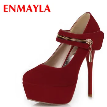 

ENMAYLA Women High Heels Platform Pumps Stiletto Heels Shoes Woman Zipper Buckle Flock Black Wedding Party Shoes Size 43