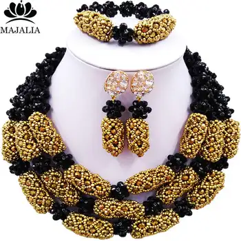 

Majalia Luxury Ladies African Jewelry Nigerian Wedding Set Black and Golden color Crystal Necklace Bride Jewelry Sets 3WS003