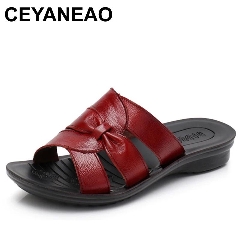 

CEYANEAOWomen Slippers Shoes Genuine Leather Casual Slides Women Summer Shoes Retro Solid Mother Shoes Wedges Flip FlopsE827