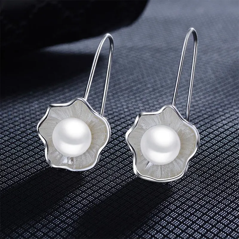 Elegant Lotus Flower Simulated Pearl Stud Earrings Women Wedding