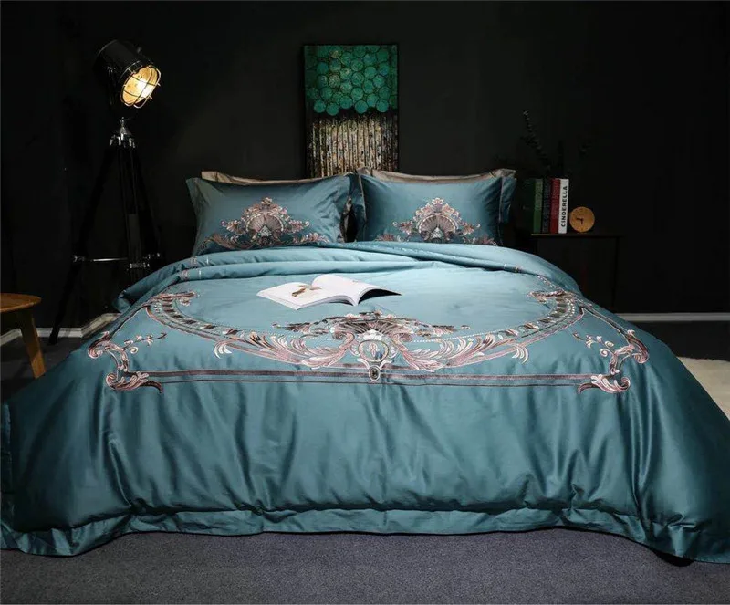 

Blue/White/Pink Luxury 100S Cotton Embroidery Bedding Set Duvet Cover Bed Linen Bed sheet Pillowcases King Queen Size 4PCS