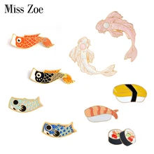 Broches en émail pour sac à dos de vêtements, Collection de Style japonais, broches drapeau de calmar Koi, Badges Sushi saumon, bijoux de dessin animé