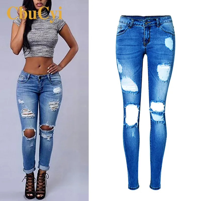 

Women Skinny Jeans Low Waist Slim Elastic Hole Jean Pant Women Bleached Pencil Pants Irregular Holes Washed Denim Pants Trousers