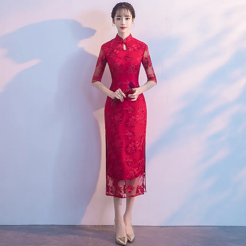 Новое черное китайское традиционное платье женское тонкое Cheongsam вышивка блестками современные восточные длинные Qipao вечерние платья - Цвет: red