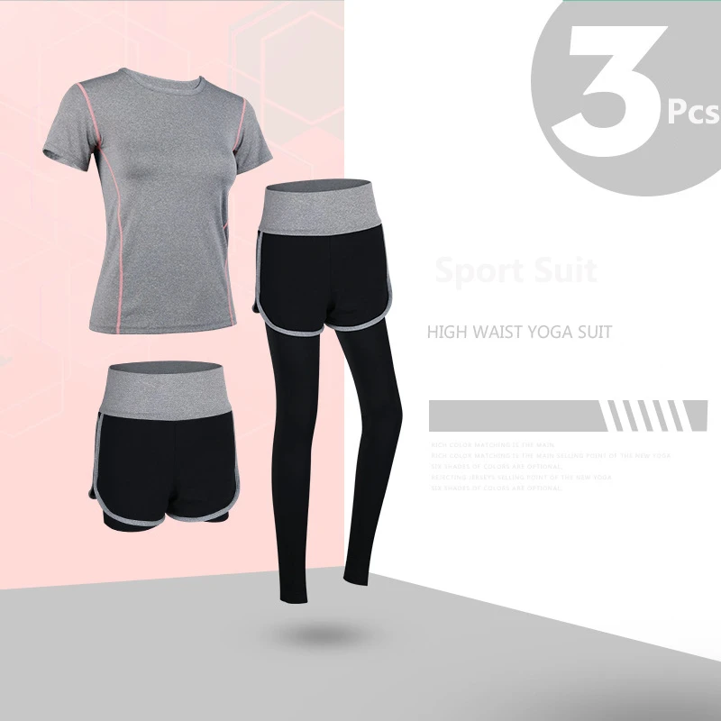 Женская спортивная одежда, одноцветная, набор для йоги, куртка, футболка, бюстгальтер, шорты, штаны, спортивная одежда для бега, спортзала, тренировки, фитнеса, одежда, спортивный костюм - Цвет: 3Pcs Tracksuit-GRA