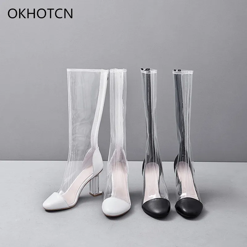 

New Designers Famous Brand Women Knee High Rain Boots Patchwork Leather Round Toe Transparent PVC Upper Ladies Botas Shoes Zip