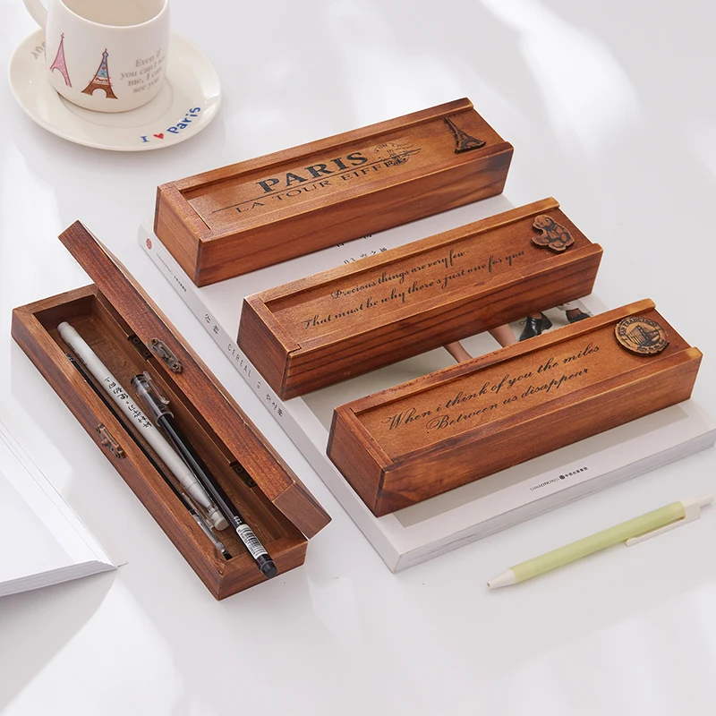 

vintage wood Pen Pencil Case Holder Stationery Storage Box Stationery Container Creative school Office Supplies
