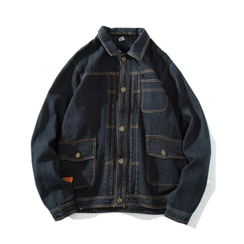 

Spring and Autumn New Jacket Male Japanese Retro Tooling Style Men's Denim Jacket Washed Blue/Black Coat Casual Wild Outwear