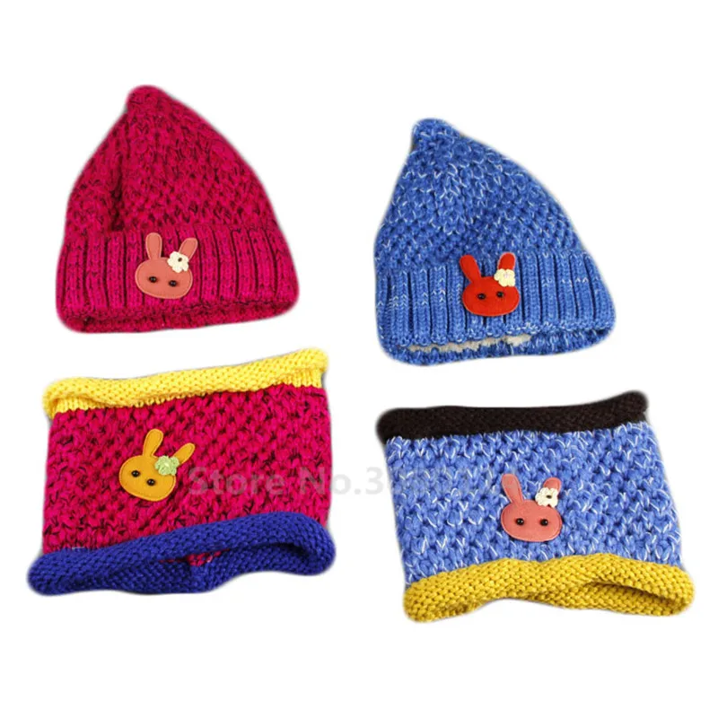 Baby Knitted Hat Scarf Set Kids Fashion Thickening Hat Two Piece Suit Velvet Warm Boys Girls Caps Autumn Winter Children Beanies