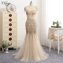 Новое прибытие Русалка вечернее платье Милая шея Длина пола бисерные Аппликации Тюль Длинные платья для выпускного вечера de festa
