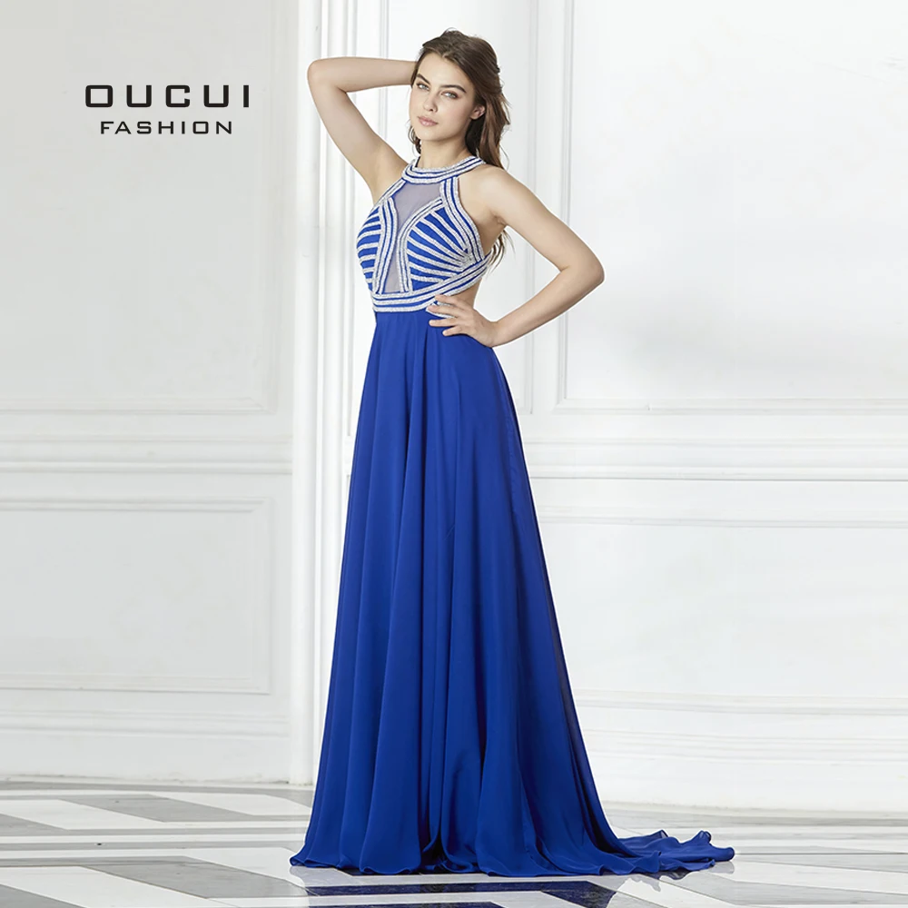 

Chiffon Blue Color Cross Back vestido de festa abendkleider Evening Dresses Long Party Gown OL103111