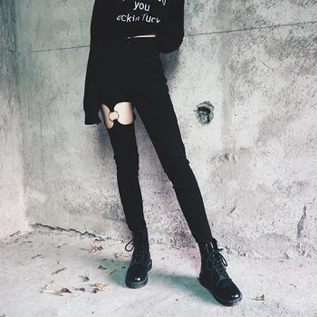

Fashion Punk gothic pants Women Pants Hollow Out Right Leg Ring High Waist Thin Stretch Fabrics Pencil Pants Female