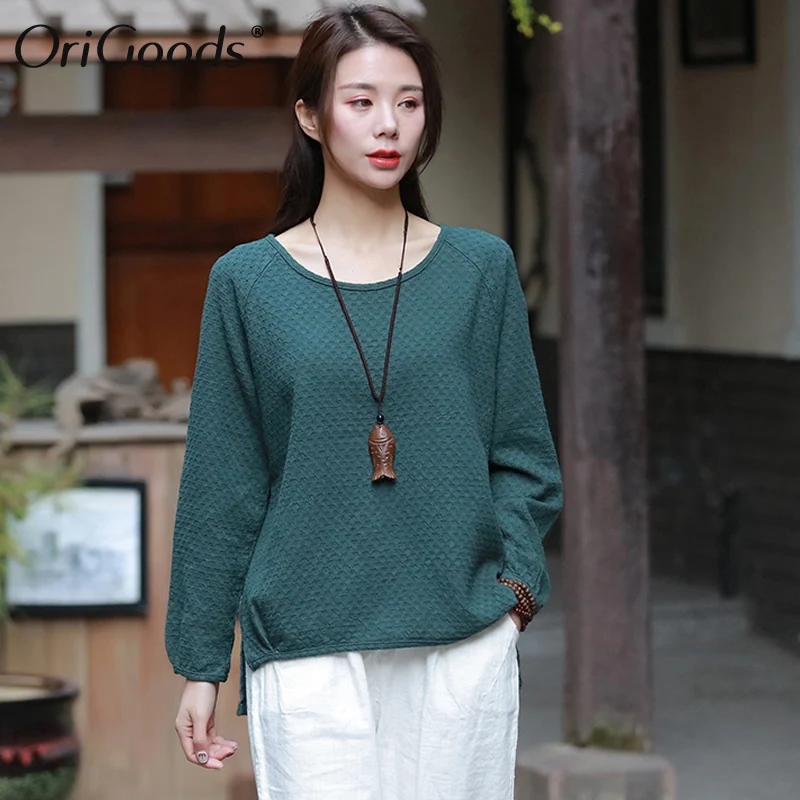 

OriGoods O-neck Long sleeve Blouse Women Vintage Cotton Linen Summer Blouse Shirt Loose Casual 2019 New Tee Shirt Tops C208