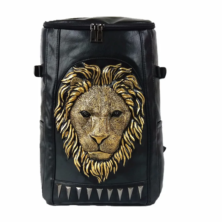 Мягкий рюкзак с объемным тиснением в виде головы льва с потрясающими шипами, крутой кожаный рюкзак для путешествий, школьный рюкзак в стиле панк-рок, концертные сумки