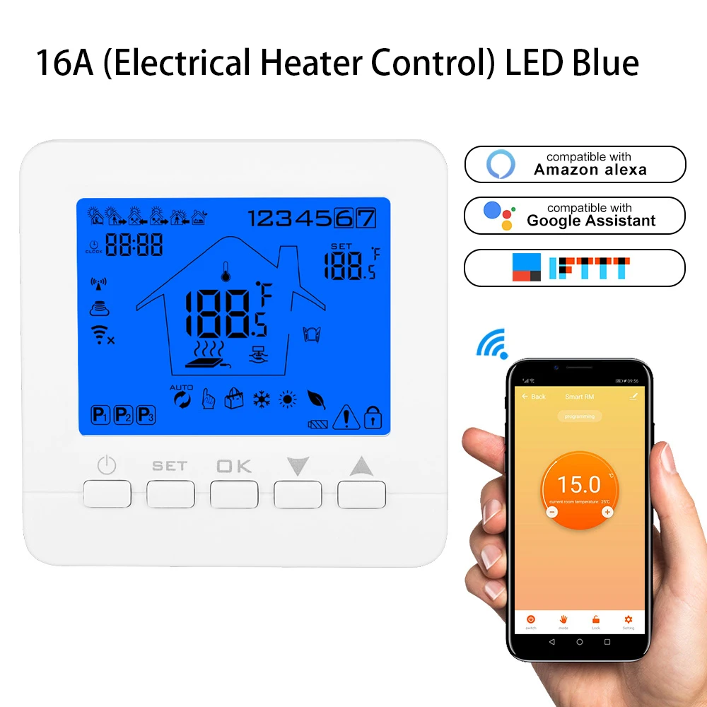 Термостат с Wi-Fi, светодиодный термостат, газовый котел/вода/Электрический Подогрев полов, умный водонагреватель/газовый котел, управление с помощью приложения - Цвет: Electric Heater 16A