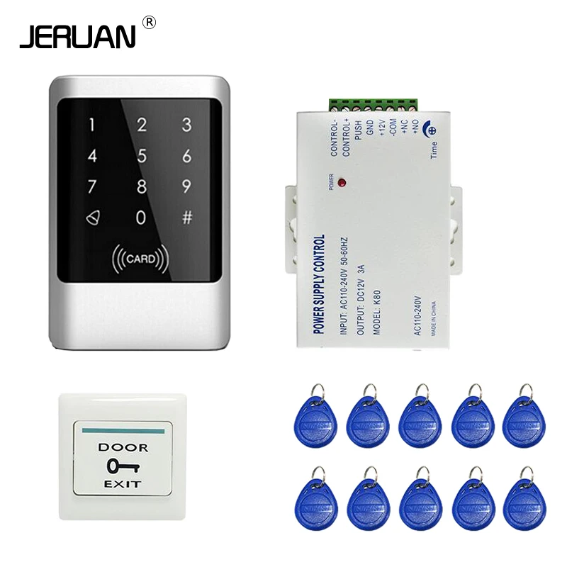 

JERUAN Brand New DIY Waterproof Rfid Reader Keypad Door Access Control Kit Set + 10 RFID keyfob Card + 12VDC Power FREE SHIPPING