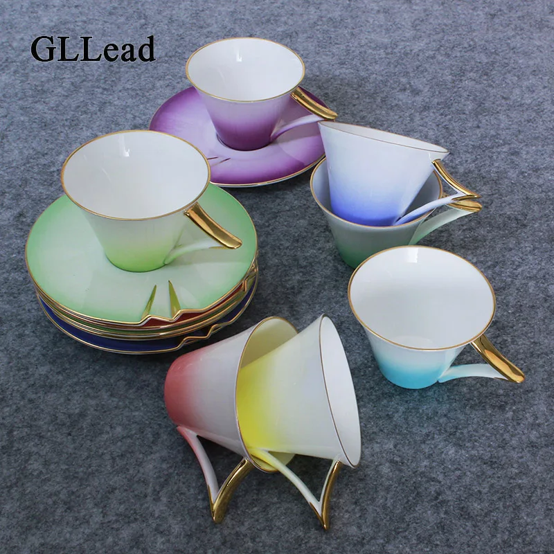 

GLLead Gradual Change Rainbow Bone China Tea Cup Saucer Set Creative Ceramic Coffee Cups Teacup Porcelain Fashion Gift