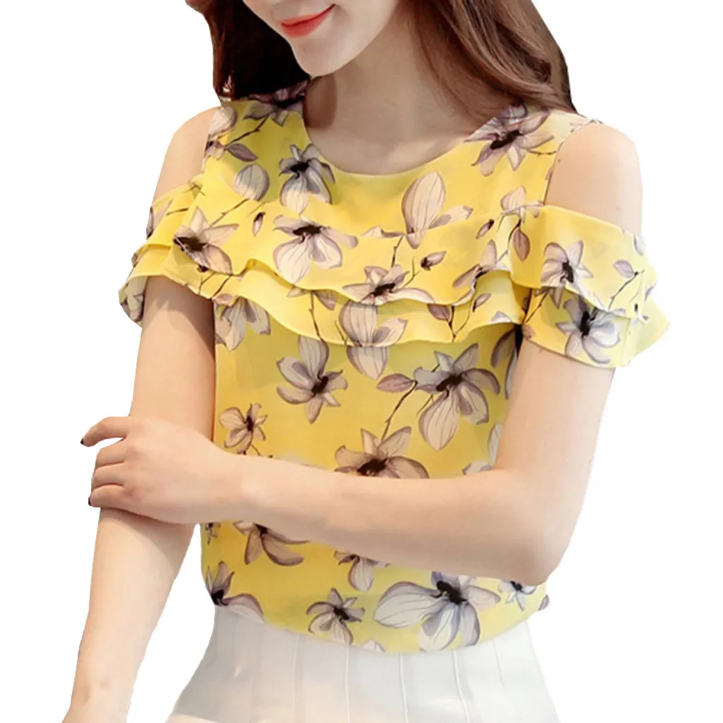 Женская блузка летние женские топы с открытыми плечами и оборками повседневные шифоновые блузки с цветочным принтом - Цвет: Yellow