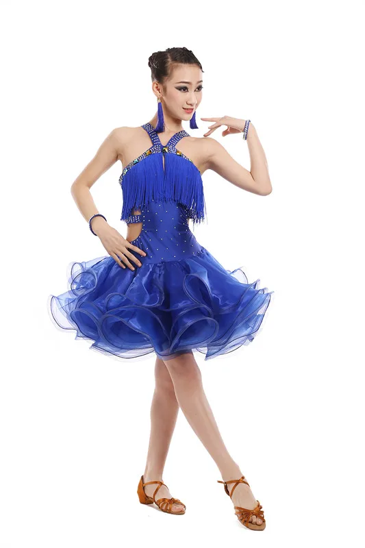 Девушка латинский танец Румба одежда для самбы Девушки Сальса платья девушки костюмы сценическая одежда Детский бальный наряд Китайский народный танец - Цвет: Синий