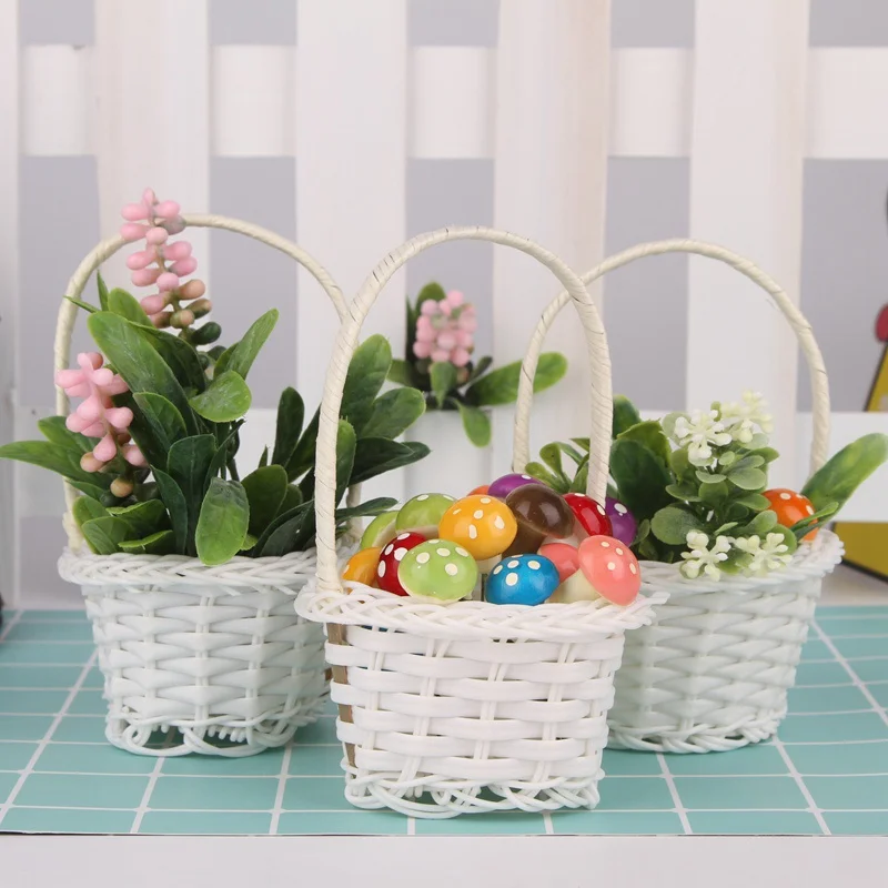 

Mini Plastic Weaving Fruit Basket Storage Rattan Cosmetics Cloth Vegetables Fruit Sundries Decoration Tea Basket Picnic Tools