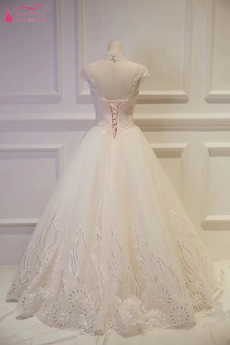 Свадебные платья с короткими рукавами, с высоким вырезом, длина до пола, robe de mariee, свадебное платье с аппликацией и жемчугом DQG260