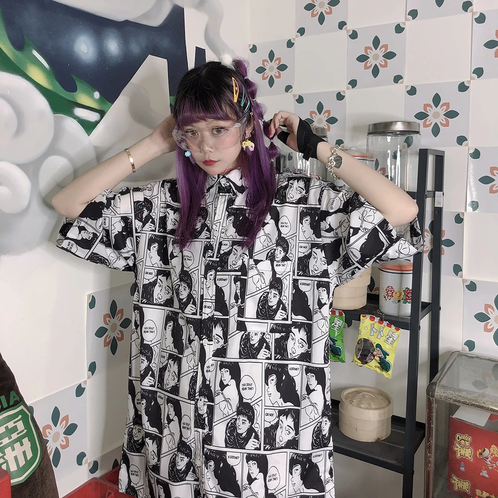 

Cartoon Interesting Printed Japanese Collar BF Style Short-sleeved Shirt Shirts